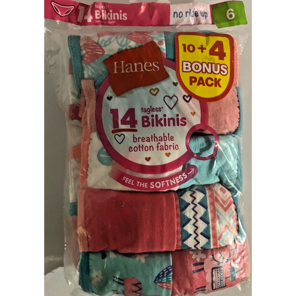 Hanes Girls' Tagless Bikinis, 10+4 Bonus Pack (14 Pack) No Ride Up! Fun Designs! - Picture 3 of 5